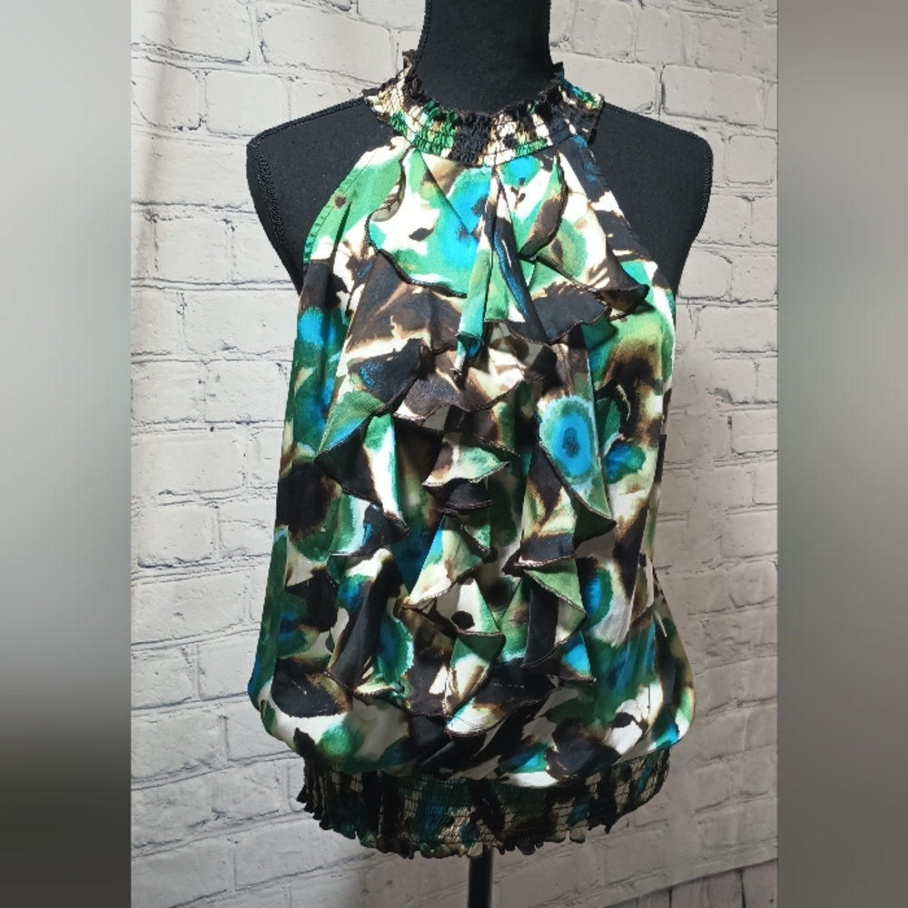 Y2K Slvls HighNeck Botanicalprint Woven Chiffon Ruffled Front DressBlouse Green